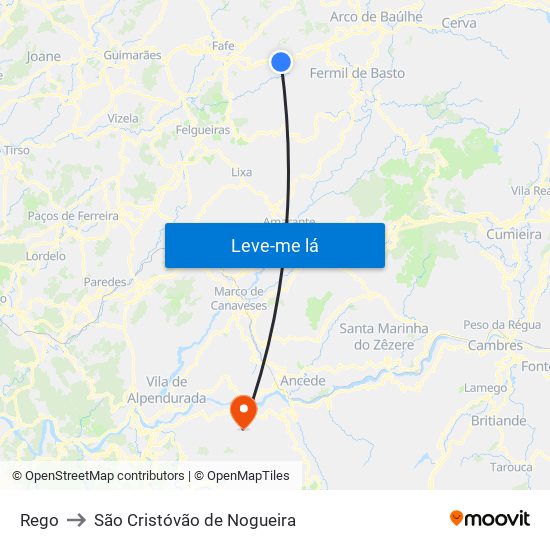 Rego to São Cristóvão de Nogueira map