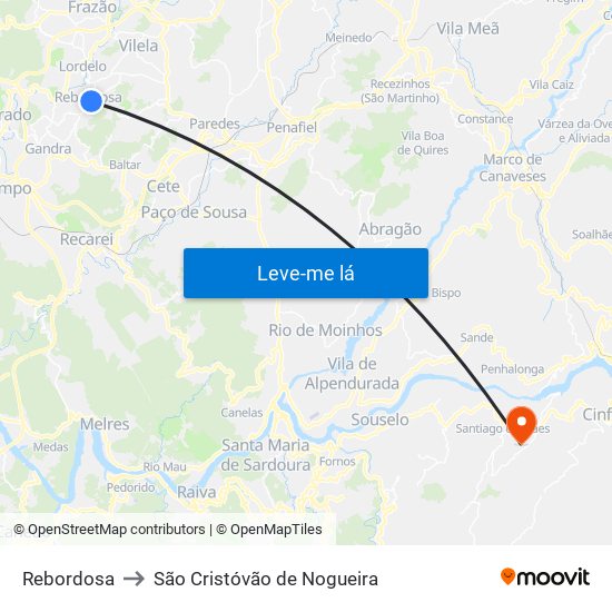 Rebordosa to São Cristóvão de Nogueira map