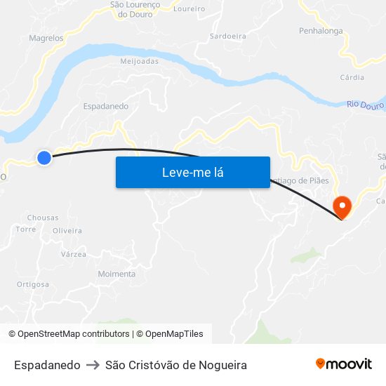 Espadanedo to São Cristóvão de Nogueira map