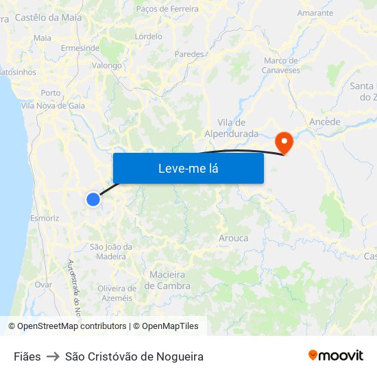 Fiães to São Cristóvão de Nogueira map