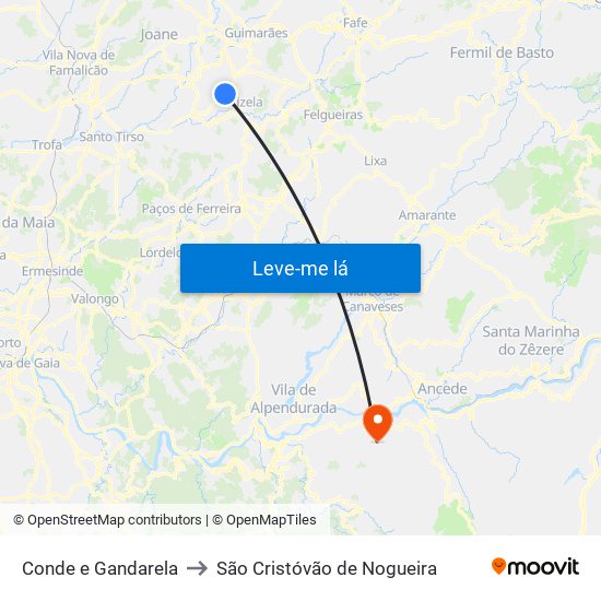 Conde e Gandarela to São Cristóvão de Nogueira map