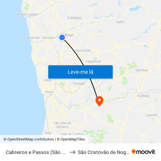 Cabreiros e Passos (São Julião) to São Cristóvão de Nogueira map
