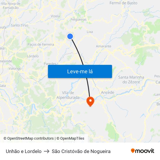 Unhão e Lordelo to São Cristóvão de Nogueira map