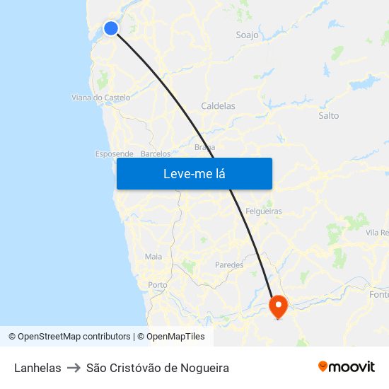 Lanhelas to São Cristóvão de Nogueira map