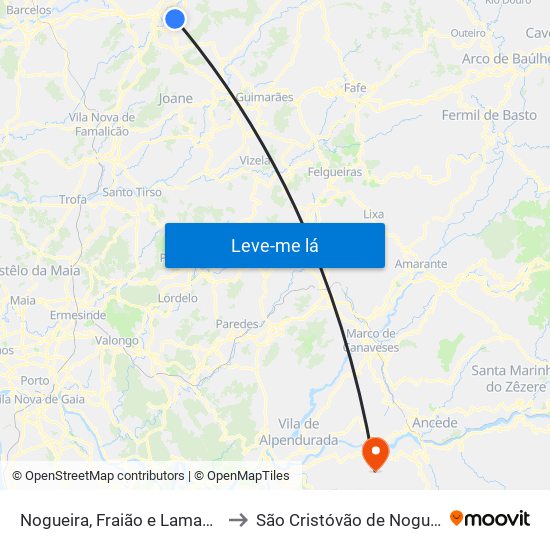 Nogueira, Fraião e Lamaçães to São Cristóvão de Nogueira map
