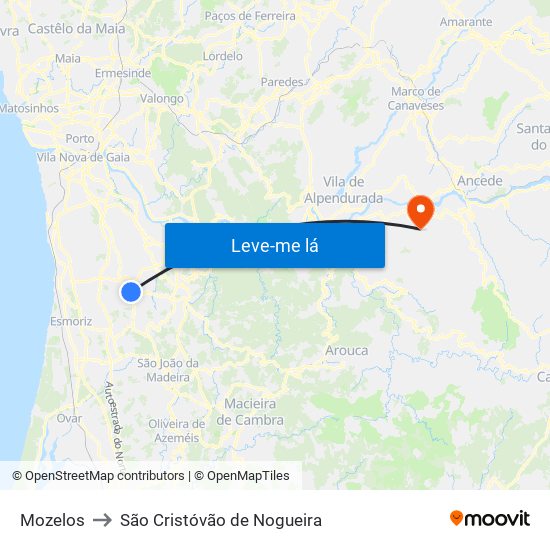 Mozelos to São Cristóvão de Nogueira map