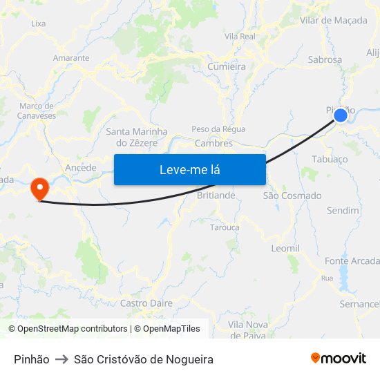 Pinhão to São Cristóvão de Nogueira map