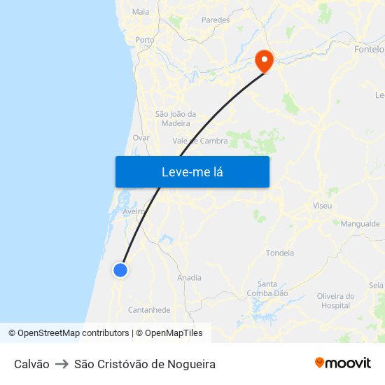 Calvão to São Cristóvão de Nogueira map