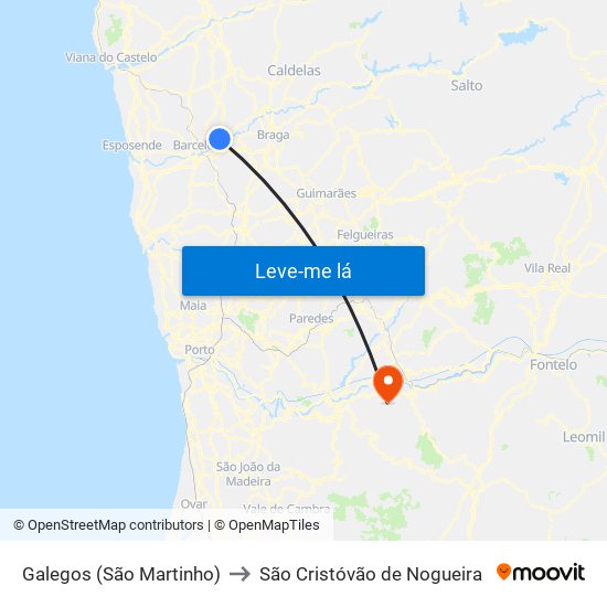 Galegos (São Martinho) to São Cristóvão de Nogueira map