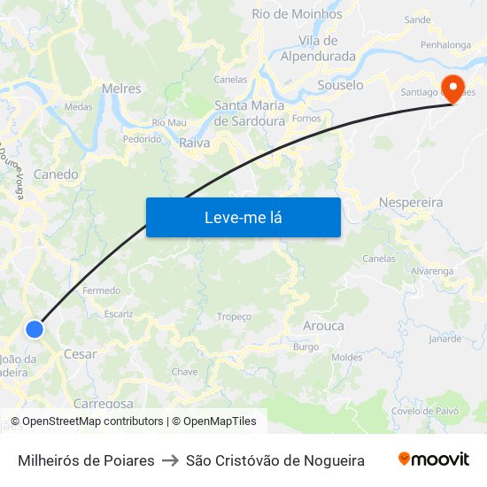 Milheirós de Poiares to São Cristóvão de Nogueira map