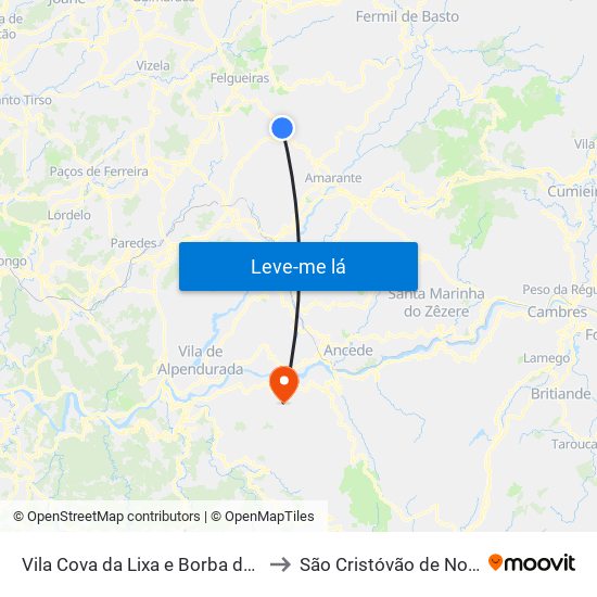 Vila Cova da Lixa e Borba de Godim to São Cristóvão de Nogueira map