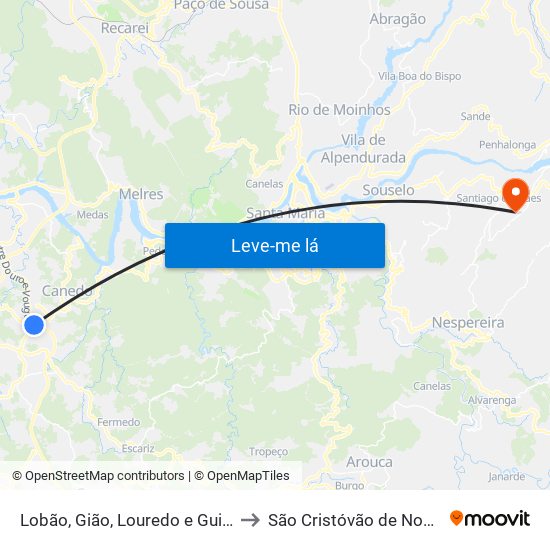 Lobão, Gião, Louredo e Guisande to São Cristóvão de Nogueira map