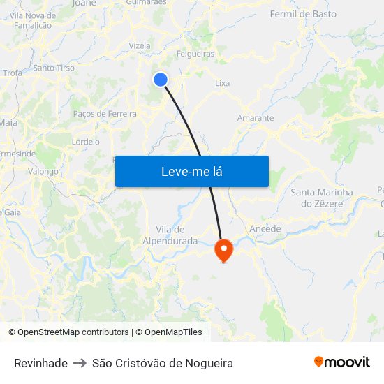 Revinhade to São Cristóvão de Nogueira map