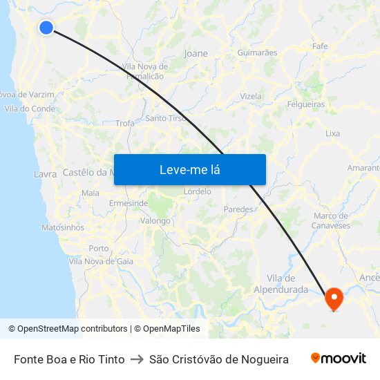 Fonte Boa e Rio Tinto to São Cristóvão de Nogueira map