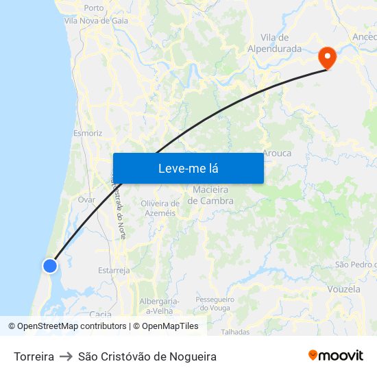 Torreira to São Cristóvão de Nogueira map