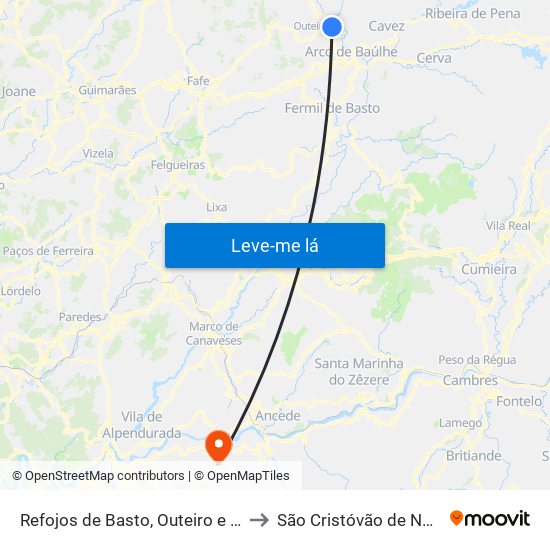 Refojos de Basto, Outeiro e Painzela to São Cristóvão de Nogueira map