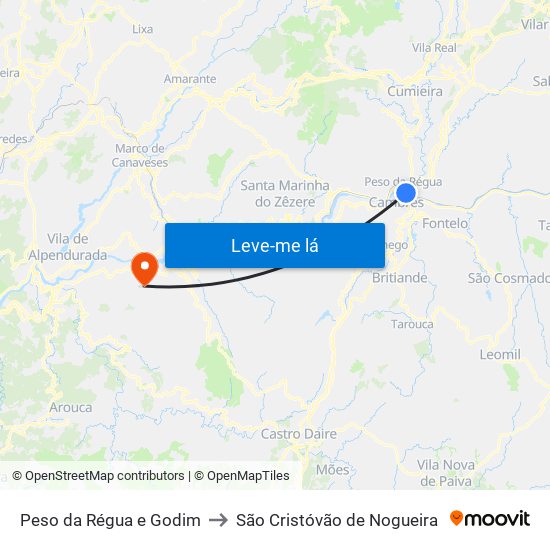 Peso da Régua e Godim to São Cristóvão de Nogueira map