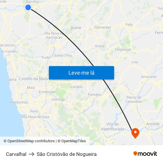 Carvalhal to São Cristóvão de Nogueira map