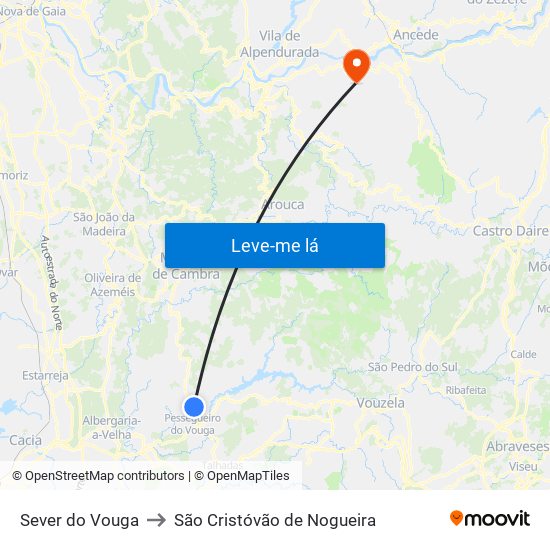 Sever do Vouga to São Cristóvão de Nogueira map