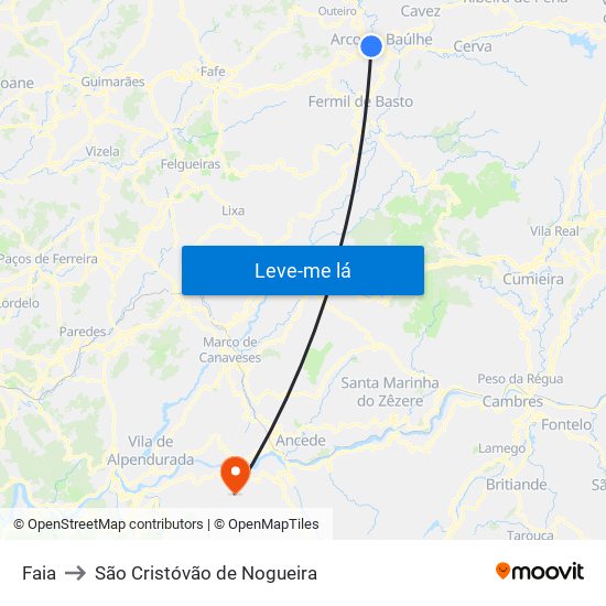 Faia to São Cristóvão de Nogueira map