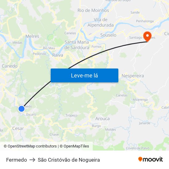 Fermedo to São Cristóvão de Nogueira map