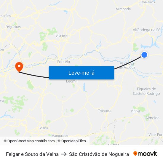 Felgar e Souto da Velha to São Cristóvão de Nogueira map