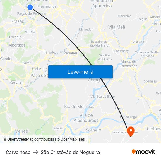 Carvalhosa to São Cristóvão de Nogueira map