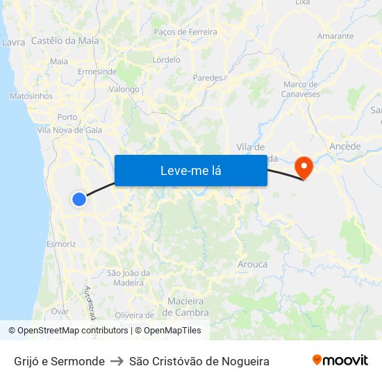 Grijó e Sermonde to São Cristóvão de Nogueira map