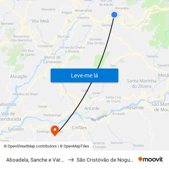 Aboadela, Sanche e Várzea to São Cristóvão de Nogueira map