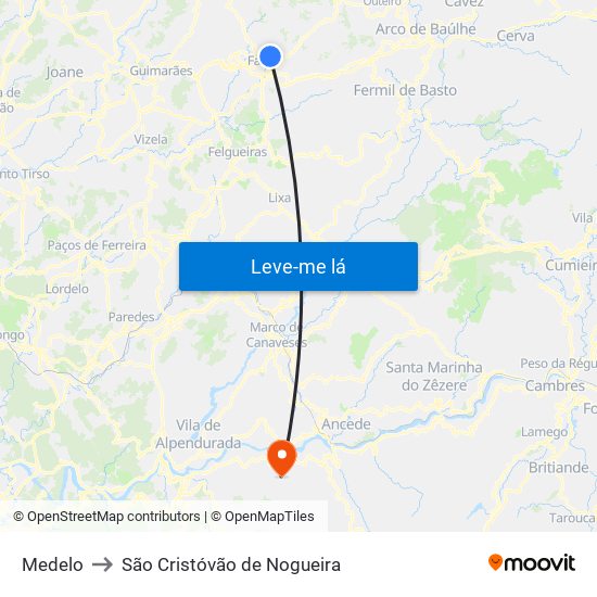 Medelo to São Cristóvão de Nogueira map