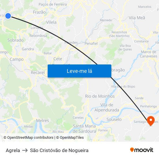 Agrela to São Cristóvão de Nogueira map