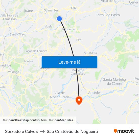 Serzedo e Calvos to São Cristóvão de Nogueira map