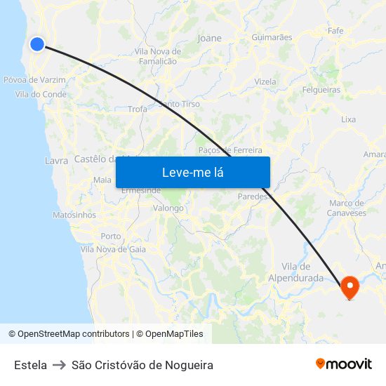 Estela to São Cristóvão de Nogueira map