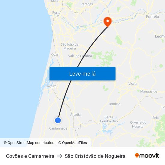 Covões e Camarneira to São Cristóvão de Nogueira map