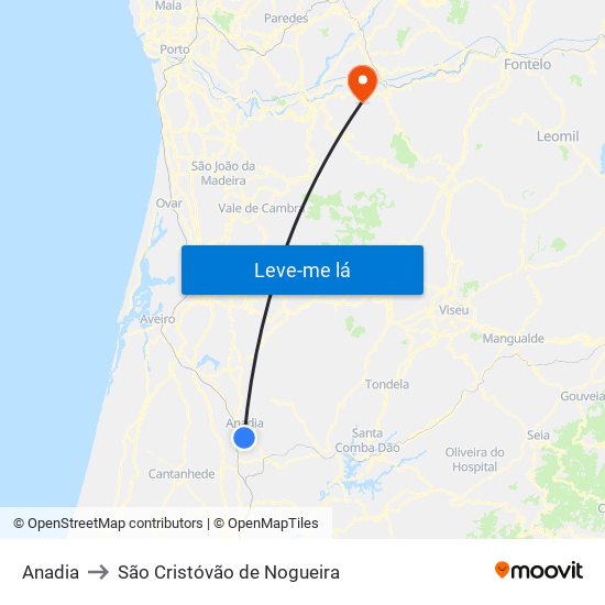 Anadia to São Cristóvão de Nogueira map