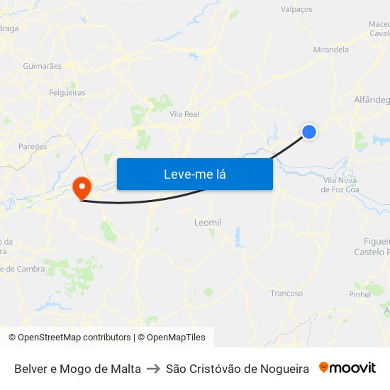 Belver e Mogo de Malta to São Cristóvão de Nogueira map