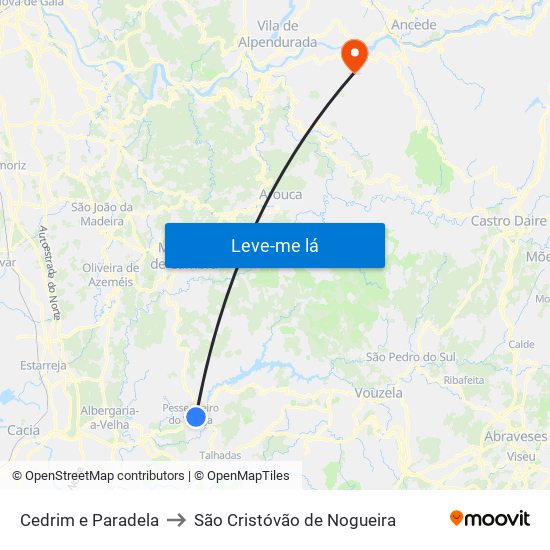 Cedrim e Paradela to São Cristóvão de Nogueira map