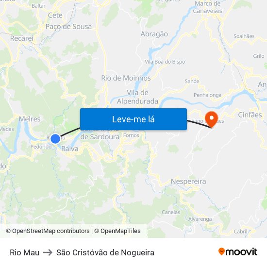 Rio Mau to São Cristóvão de Nogueira map