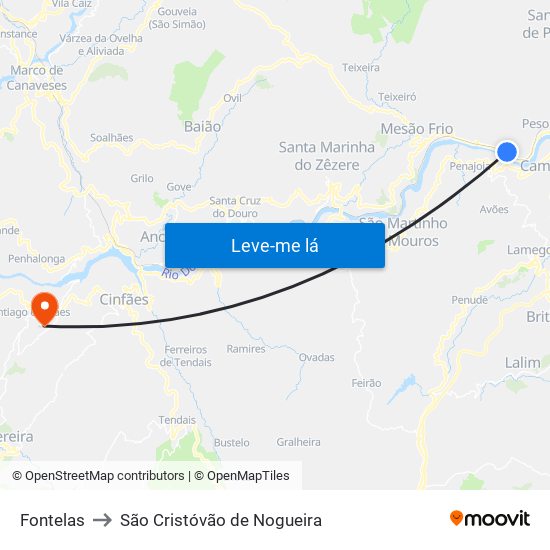 Fontelas to São Cristóvão de Nogueira map