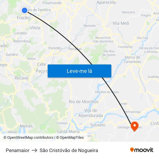 Penamaior to São Cristóvão de Nogueira map