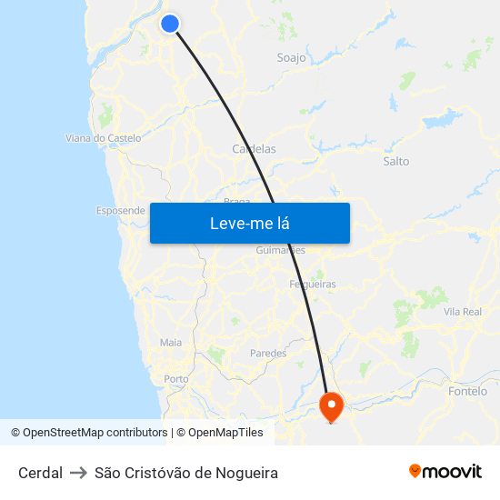 Cerdal to São Cristóvão de Nogueira map