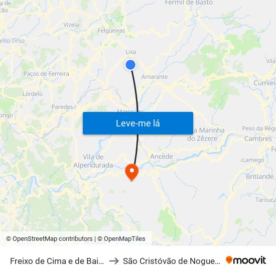 Freixo de Cima e de Baixo to São Cristóvão de Nogueira map