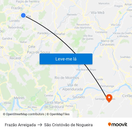 Frazão Arreigada to São Cristóvão de Nogueira map