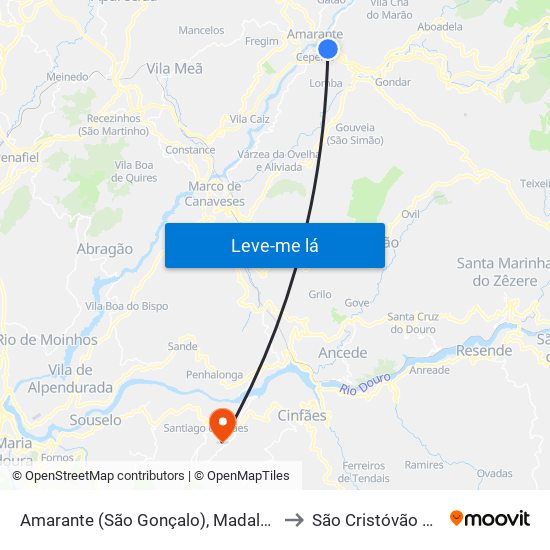 Amarante (São Gonçalo), Madalena, Cepelos e Gatão to São Cristóvão de Nogueira map