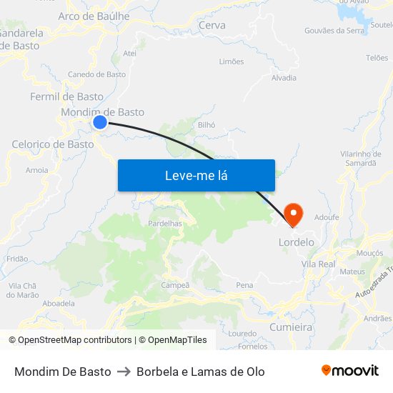 Mondim De Basto to Borbela e Lamas de Olo map