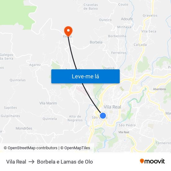 Vila Real to Borbela e Lamas de Olo map
