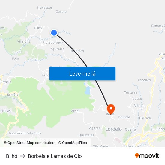 Bilhó to Borbela e Lamas de Olo map