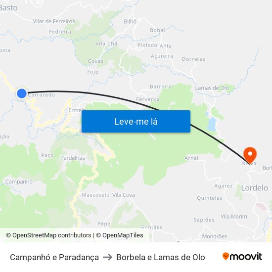 Campanhó e Paradança to Borbela e Lamas de Olo map