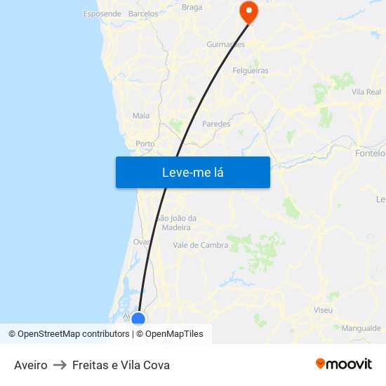 Aveiro to Freitas e Vila Cova map