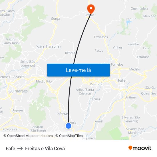 Fafe to Freitas e Vila Cova map